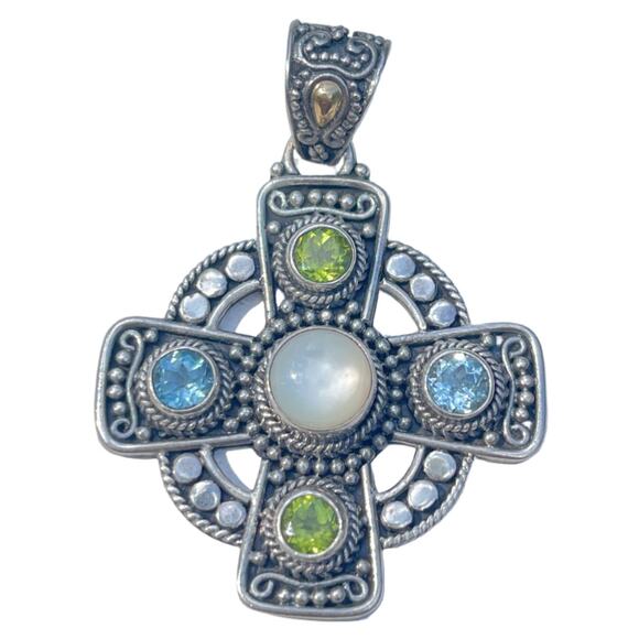 Bali Sterling Silver & 18k Gold Gemstone Cross Pendant - Picture 1 of 3